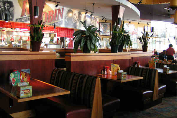 Empty booths at Red Robin, after the vegans stopped coming in.
