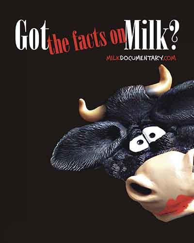 Cover for the film, Got Facts on Milk? Features a dark background with an illustration of a cow's head on the right-hand side.