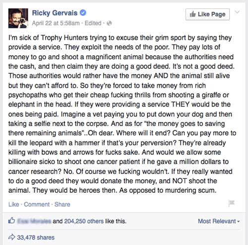 Ricky Gervais Facebook Post