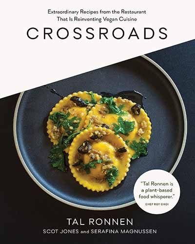 A cover for the book Crossroads. Features a stone wear plate with ravioli.