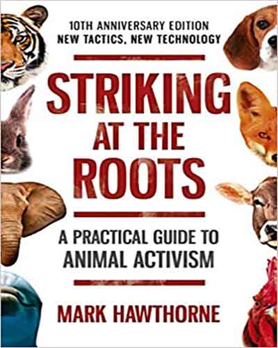 Cover for the book, Striking at the Roots featuring animals along each side of the cover with a white background