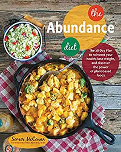 A cover for the book The Abundance Diet. Features an overhead picture of an iron skillet filled with colorful vegan food sitting on a red and white checked cloth on top of a wooden table.