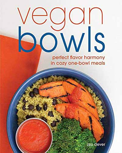 A cover for the book Vegan Bowls. Features a colorful bowl of rice and vegetables sitting on a white background.
