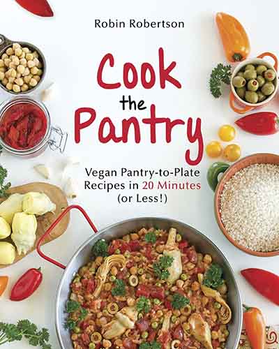 Cover for the book Cook the Pantry. Features a white background with a pot of colorful stew and the raw ingredients to make the stew artfully arranged.