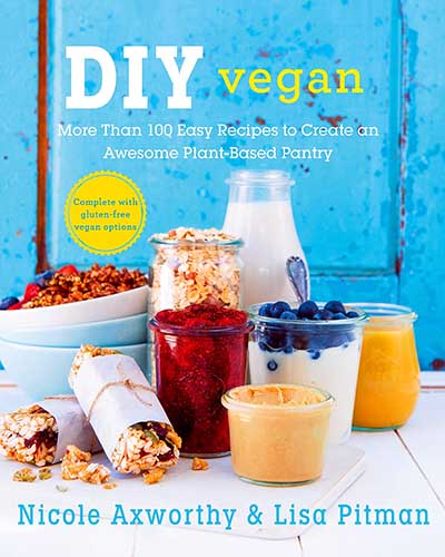 A cover for the book DIY Vegan. Features a selection of food items like cereal, milk, and granola bars sitting on a white surface with a blue background.