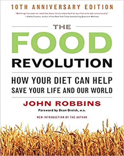 Cover for the book The Food Revolution. Features a field of wheat with a white background.