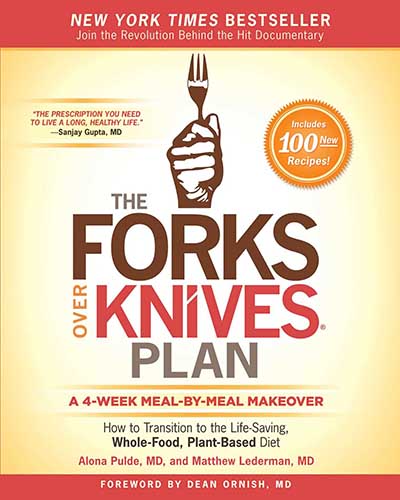 A cover for the book Forks Over Knives Plan. Features a yellow and red background.