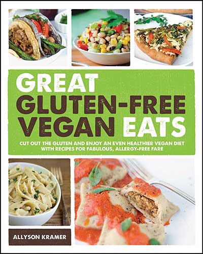 A cover of the book Great Gluten Free Vegan Eats: Cut Out the Gluten and Enjoy an Even Healthier Vegan Diet with Recipes for Fabulous, Allergy-Free Fare. Features five segmented sections displaying a variety of vegan food.