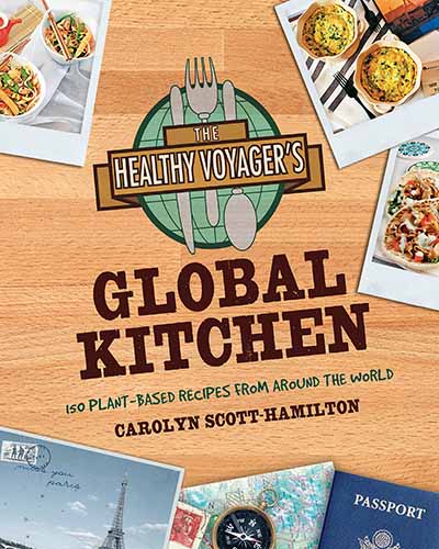 Cover for the book Global Kitchen. Features pictures inside polaroid style frames scattered on a wood surface.