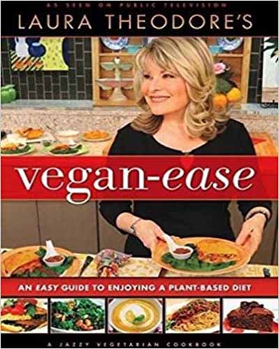 Cover for the book Vegan-Ease. Features a picture of the author, a woman, cooking in a kitchen surrounded by fresh vegetables.