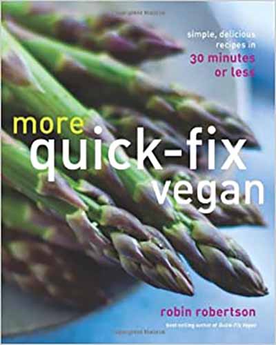 Cover for the book Quick-Fix Vegan. Features a close up photo of green asparagus tips.