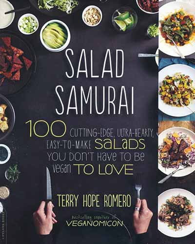 Cover for the book Salad Samurai. Features an overhead picture of salad fixings in white bowls.