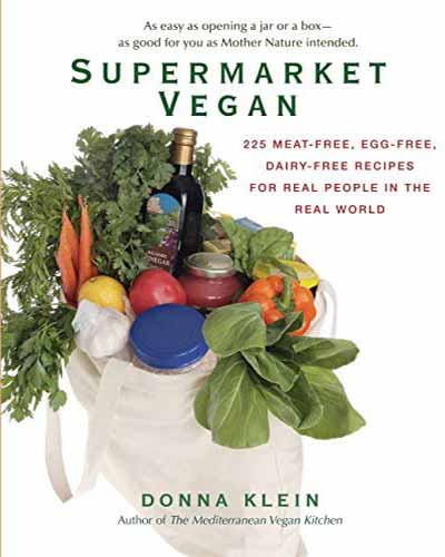 Cover for the book Supermarket Vegan. Features a white background with a canvas tote bag filled with an array of fresh vegetables.