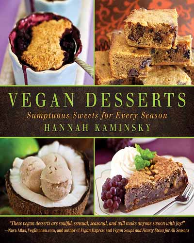 Cover for the book Vegan Desserts. Features four pictures of various desserts.