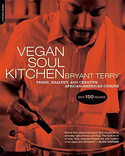 Cover for the book Vegan Soul Kitchen. Features a picture of the author, a chef, cooking over a big pot.