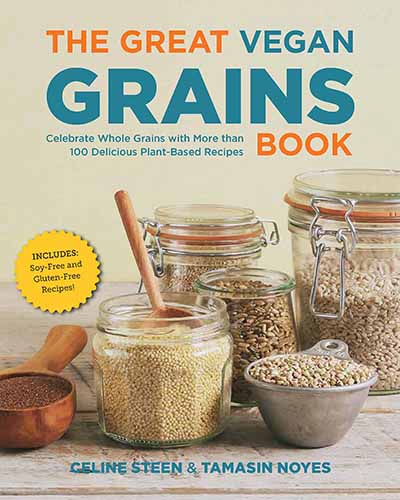 Cover for the cookbook, The Great Vegan Grains Cookbook. Features closeup of jars of grains with a white background.