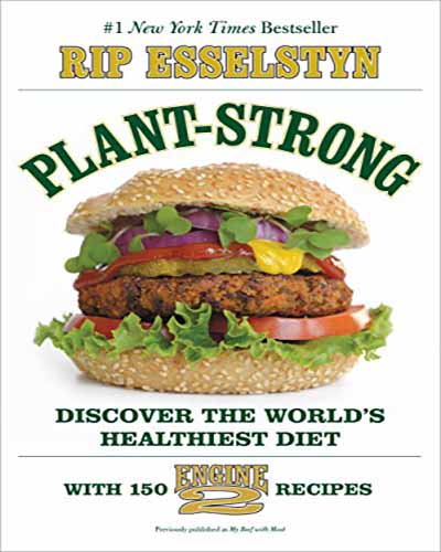 A book with a white background with a closeup of a veggie burger in the middle. Green words over top read, "Plant Strong."
