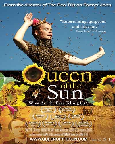 Cover for the film, Queen of the Sun. Features a man covered in honeybees on the top half of the cover, and sunflowers on the bottom half.