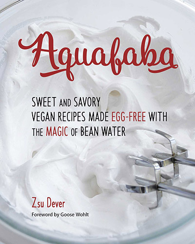 Cover for the book, Aquafaba. Features a close-up picture of whipped aquafaba.