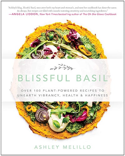 Cover for the book, Blissful Basil. Features a circle of colorful vegetables sitting on top of orange-colored hummus.