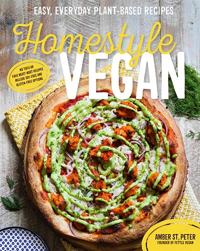 Cover for the book, Homestyle Vegan. Features a healthy-looking pizza sitting on a yellow zig-zag cloth.