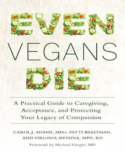 Cover for the book, Even Vegans Die. Features a cream background with black letters mixed with letters made from lettuce, tomatoes, and cucumbers.