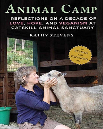 Cover of the book, Animal Camp. Features a picture of a woman kissing a sheep in a barn.