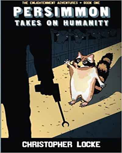 Cover for the book, Persimmon Takes on Humanity featuring a raccoon standing in front of a dark figure on a dark blue background.