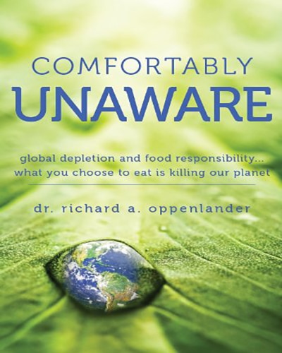 Cover for the book Comfortably Unaware. Features a close up of a water drop on a green background.