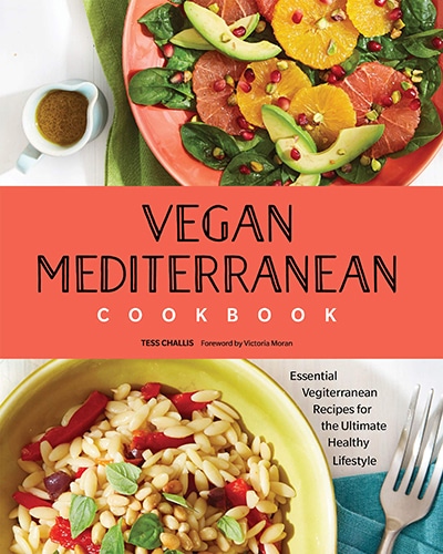 Cover for the book, Vegan Mediterranean Cookbook, features two colorful plates of food with a red banner with the book title on it.