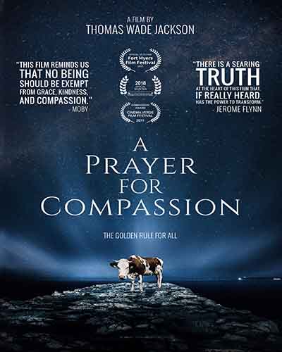 Cover for the film, A Prayer for Compassion, featuring a cow standing on top of the planet earth
