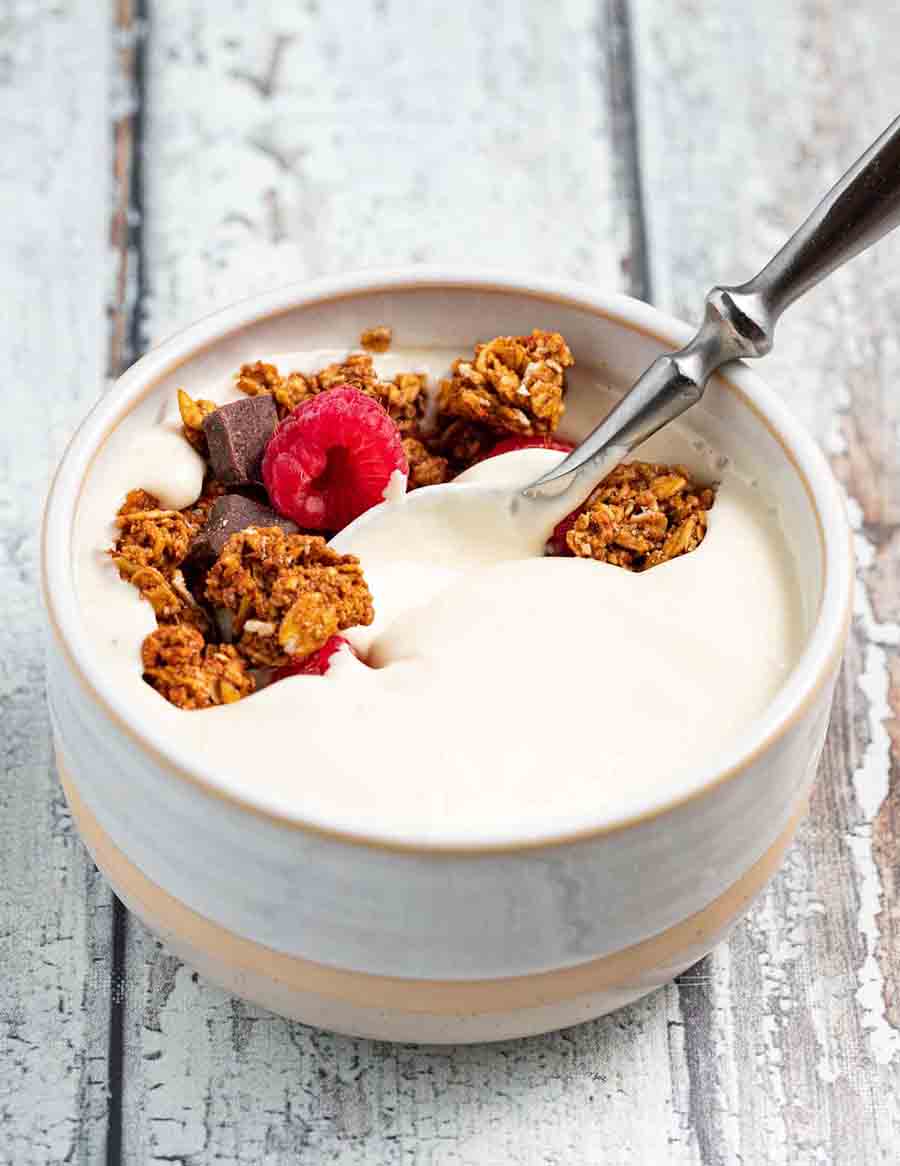 Bowl of yogurt on a table