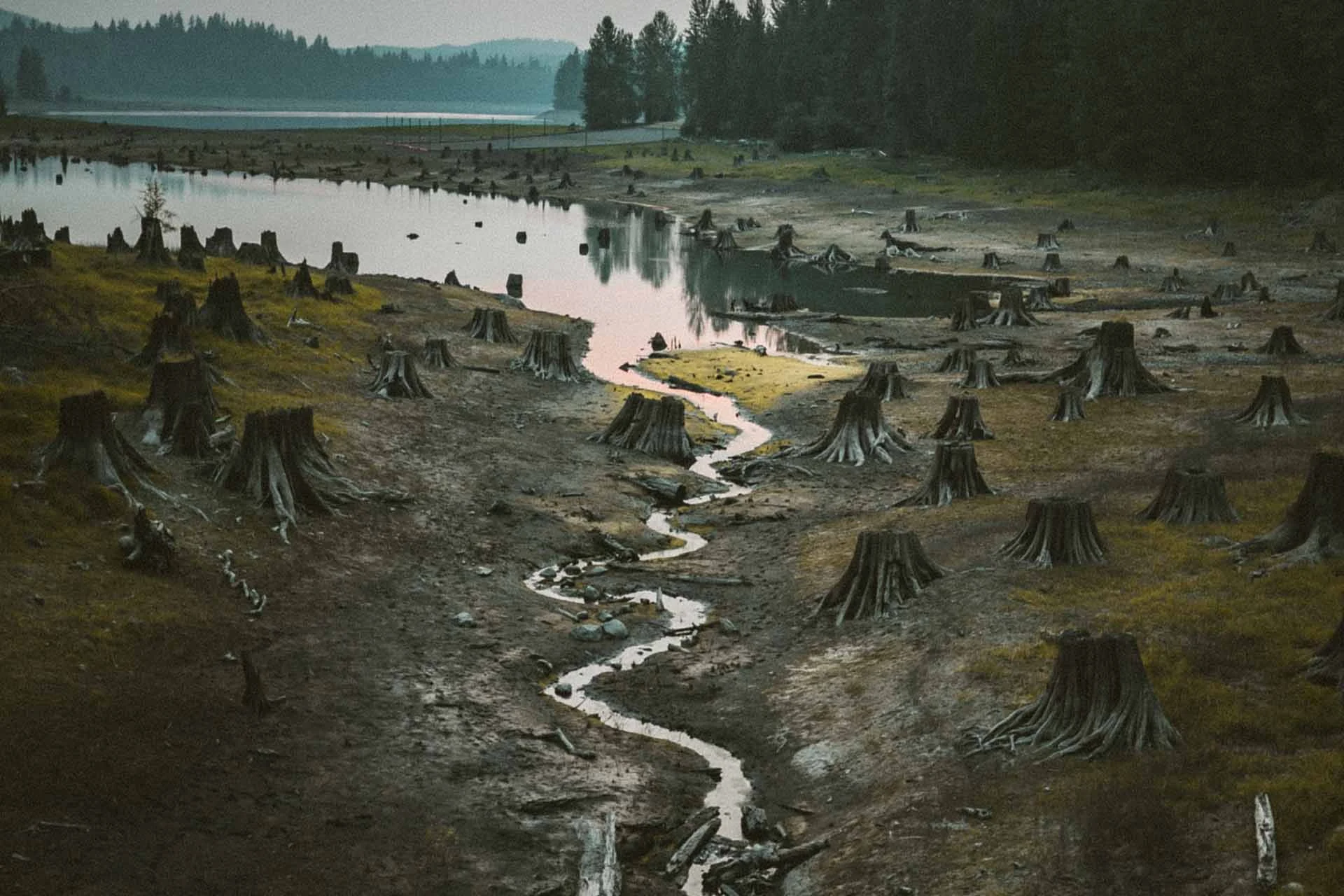 Cut trees along the water in Seattle, Washington